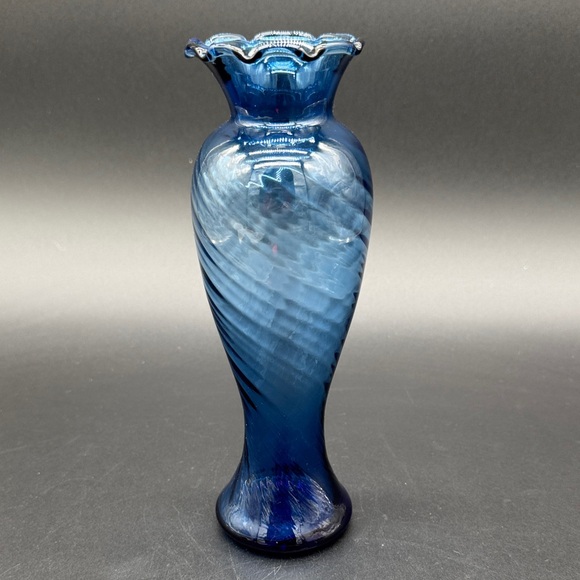 Other - Scalloped Blue Swirl Twisted Art Glass Bud Vase